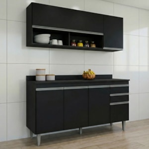 Armario Aereo E Balcao Com Tampo BP 150 cm Preto Eratto Moveis