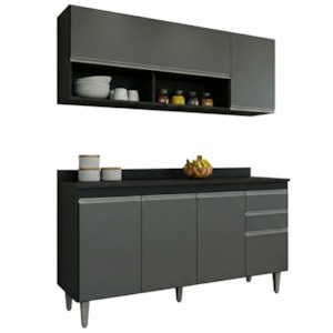 Armario Aereo E Balcao Com Tampo BP 150 cm Preto Grafite Eratto Moveis