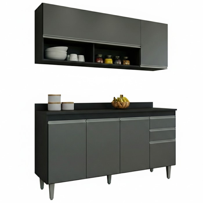 Armario Aereo E Balcao Com Tampo BP 150 cm Preto Grafite Eratto Moveis