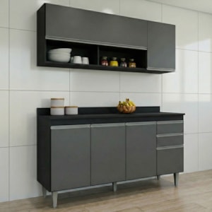 Armario Aereo E Balcao Com Tampo BP 150 cm Preto Grafite Eratto Moveis