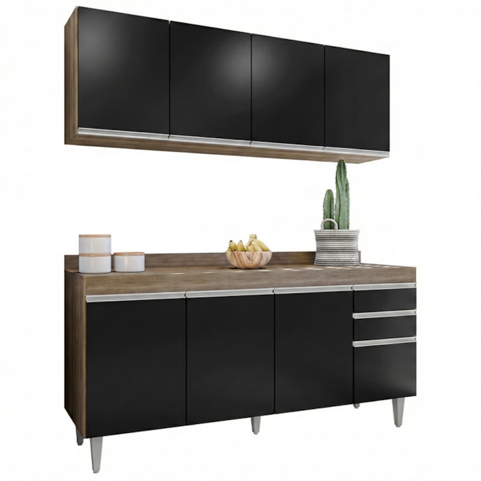 Armario Aereo E Balcao Com Tampo BP 160 cm Freijo Preto Eratto Moveis