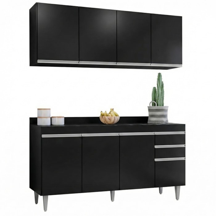 Armario Aereo E Balcao Com Tampo BP 160 cm Preto Eratto Moveis