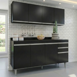 Armario Aereo E Balcao Com Tampo BP 160 cm Preto Eratto Moveis