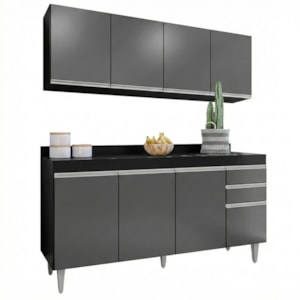 Armario Aereo E Balcao Com Tampo BP 160 cm Preto Grafite Eratto Moveis