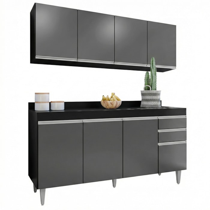 Armario Aereo E Balcao Com Tampo BP 160 cm Preto Grafite Eratto Moveis