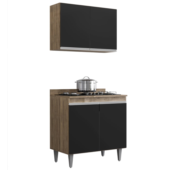 Armario Aereo E Balcao Com Tampo BP 80 cm Freijo Preto Eratto Moveis