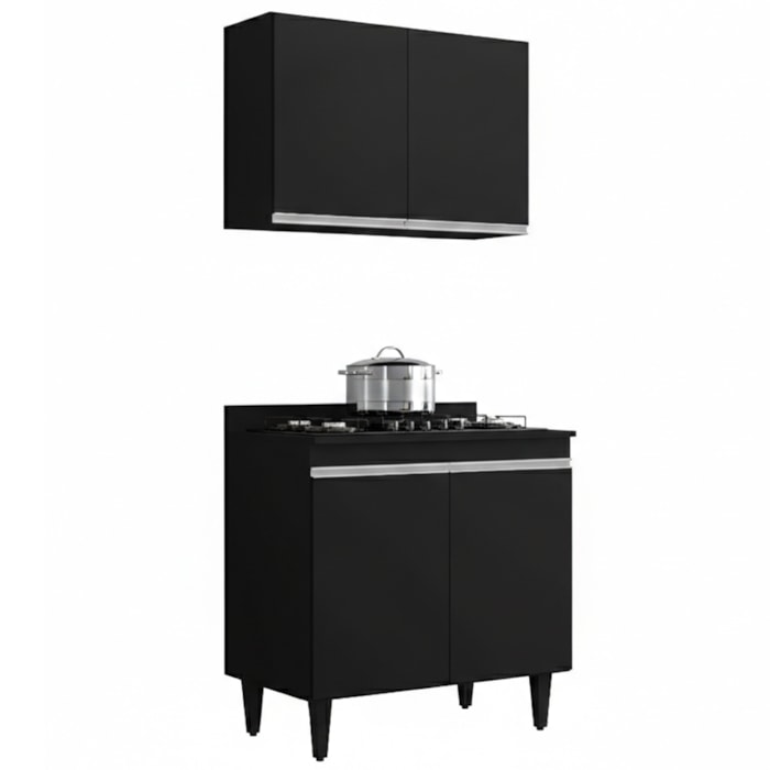 Armario Aereo E Balcao Com Tampo BP 80 cm Preto Eratto Moveis