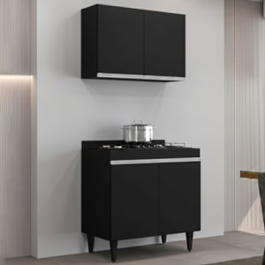 Armario Aereo E Balcao Com Tampo BP 80 cm Preto Eratto Moveis