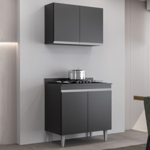 Armario Aereo E Balcao Com Tampo BP 80 cm Preto Grafite Eratto Moveis