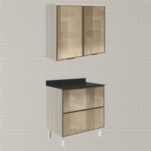 Armario Aereo e Balcao em Vidro 2P 2G 80 cm MDF Kali Bianco Toq Nicioli