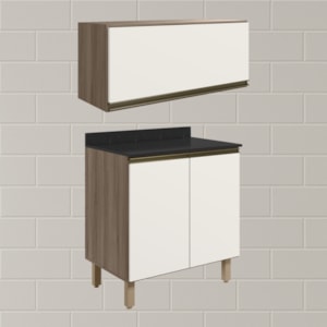 Armario Aereo E Balcao MDF 80cm Kali Carvalho Toq Off White Cetim Nicioli