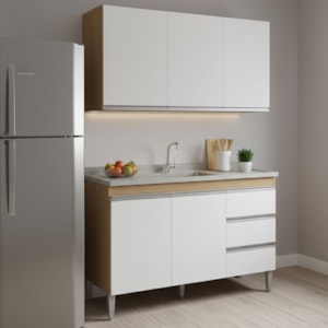 Armario Aereo E Balcao Para Pia 120 cm Andreia Amendoa Branco REAJL Moveis