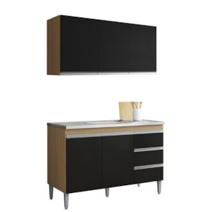 Armario Aereo E Balcao Para Pia 120 cm Andreia Amendoa Preto REAJL Moveis