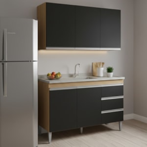 Armario Aereo E Balcao Para Pia 120 cm Andreia Amendoa Preto REAJL Moveis