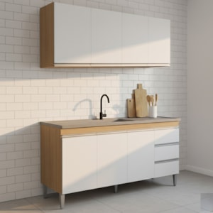 Armario Aereo E Balcao Para Pia 150 cm Andreia Amendoa Branco REAJL Moveis