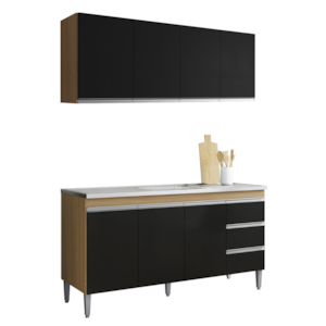 Armario Aereo E Balcao Para Pia 150 cm Andreia Amendoa Preto REAJL Moveis