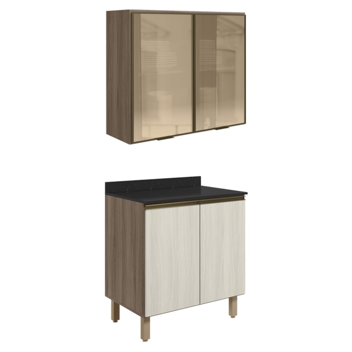 Armario Aereo Vidro Balcao 2P 80cm MDF Kali Carvalho Toq Bianco Toq Nicioli