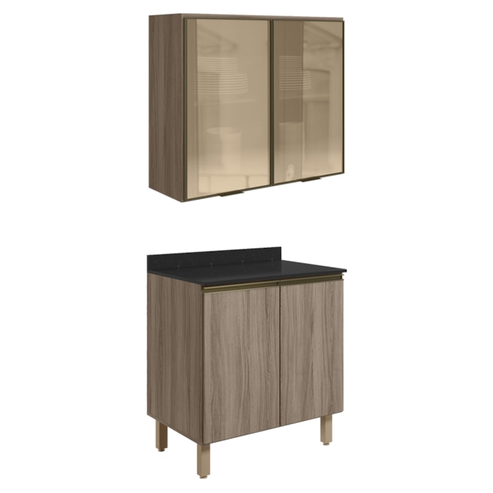 Armario Aereo Vidro Balcao 2P 80cm MDF Kali Carvalho Toq Carvalho Toq Nicioli