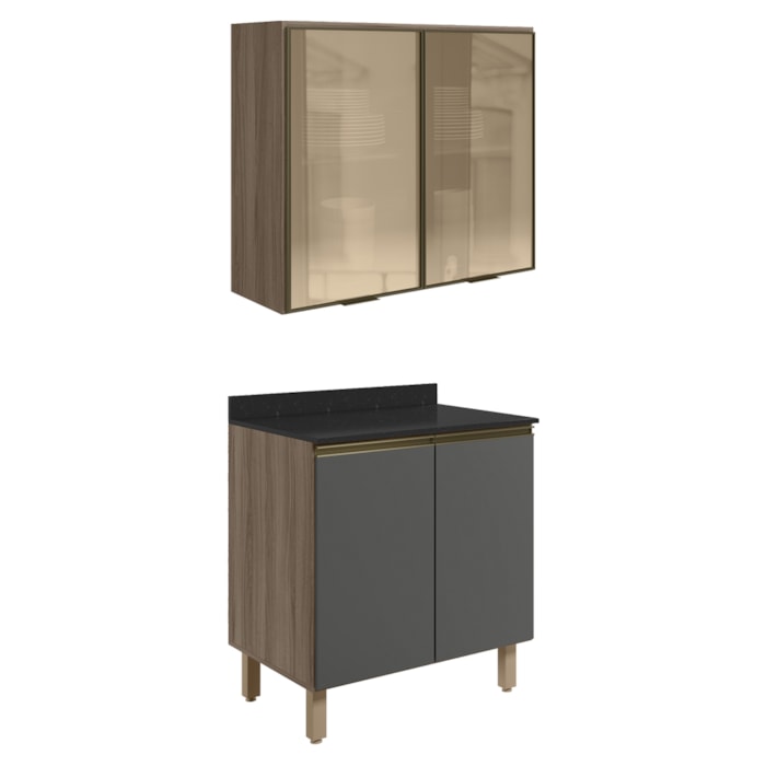 Armario Aereo Vidro Balcao 2P 80cm MDF Kali Carvalho Toq Chumbo Nicioli