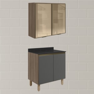 Armario Aereo Vidro Balcao 2P 80cm MDF Kali Carvalho Toq Chumbo Nicioli