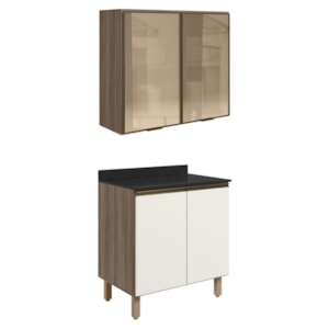 Armario Aereo Vidro Balcao 2P 80cm MDF Kali Carvalho Toq Off White Cetim Nicioli