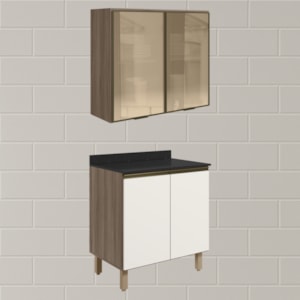 Armario Aereo Vidro Balcao 2P 80cm MDF Kali Carvalho Toq Off White Cetim Nicioli