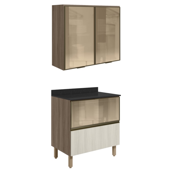 Armario Aereo Vidro Balcao 80 cm MDF Kali Carvalho Toq Bianco Toq Nicioli