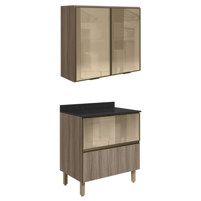 Armario Aereo Vidro Balcao 80 cm MDF Kali Carvalho Toq Carvalho Toq Nicioli