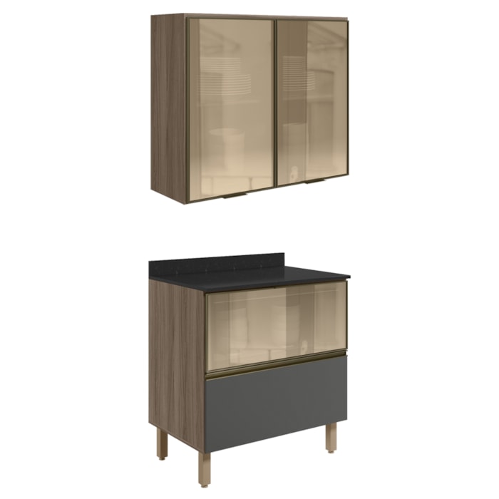 Armario Aereo Vidro Balcao 80 cm MDF Kali Carvalho Toq Chumbo Nicioli