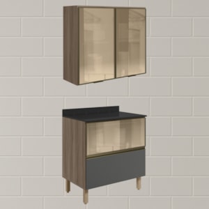 Armario Aereo Vidro Balcao 80 cm MDF Kali Carvalho Toq Chumbo Nicioli