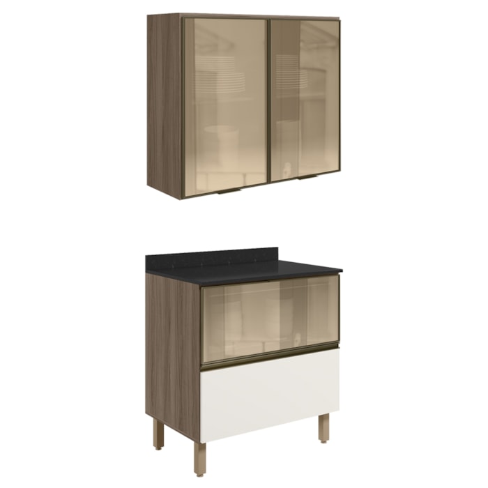 Armario Aereo Vidro Balcao 80 cm MDF Kali Carvalho Toq Off White Cetim Nicioli