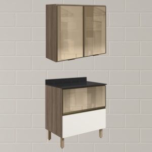 Armario Aereo Vidro Balcao 80 cm MDF Kali Carvalho Toq Off White Cetim Nicioli