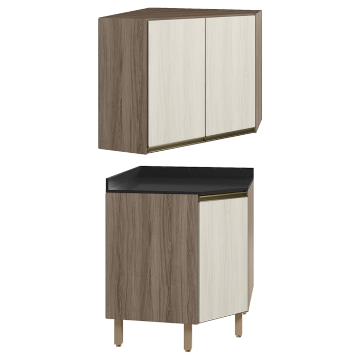 Armario E Balcao Canto Obliquo 75cm MDF Kali Carvalho Toq Bianco Toq Nicioli