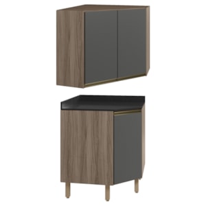Armario E Balcao Canto Obliquo 75cm MDF Kali Carvalho Toq Chumbo Nicioli