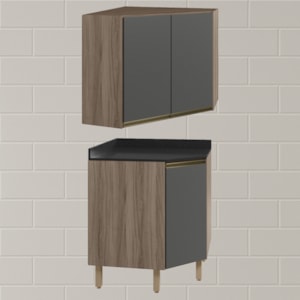 Armario E Balcao Canto Obliquo 75cm MDF Kali Carvalho Toq Chumbo Nicioli