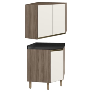 Armario E Balcao Canto Obliquo 75cm MDF Kali Carvalho Toq Off White Cetim Nicioli