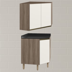 Armario E Balcao Canto Obliquo 75cm MDF Kali Carvalho Toq Off White Cetim Nicioli