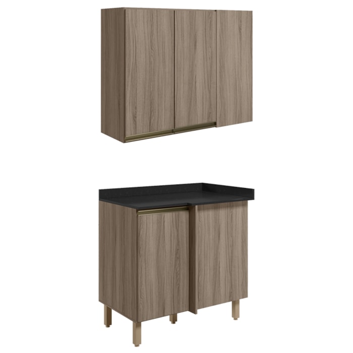 Armario E Balcao Canto Reto 89cm MDF Kali Carvalho Toq Carvalho Toq Nicioli