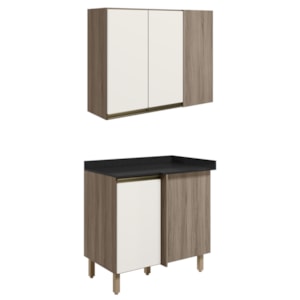 Armario E Balcao Canto Reto 89cm MDF Kali Carvalho Toq Off White Cetim Nicioli