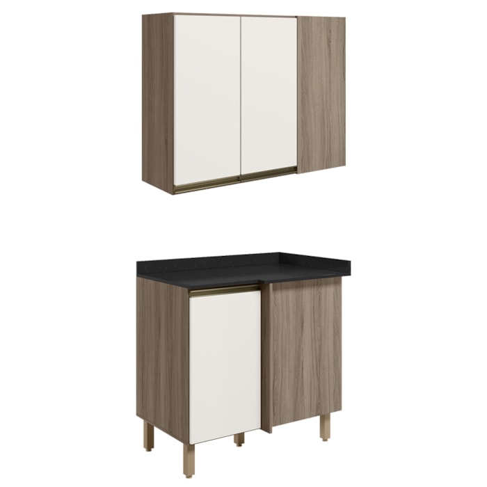 Armario E Balcao Canto Reto 89cm MDF Kali Carvalho Toq Off White Cetim Nicioli