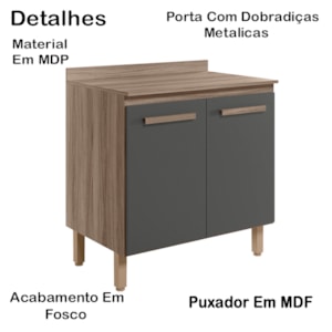 Balcao 02 Portas 80cm Com Tampo 16986 Carvalho Nature Chumbo Nicioli