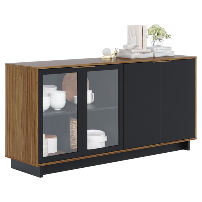 Balcao Aparador Buffet 4 Portas 160 cm Vitoria Noce Milano Preto Colibri