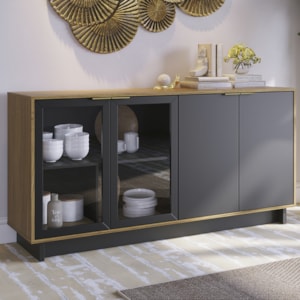 Balcao Aparador Buffet 4 Portas 160 cm Vitoria Noce Milano Preto Colibri