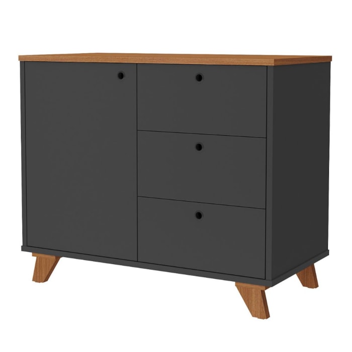 Balcao Aparador Escritorio 1 Porta 3 Gavetas 91 cm Freijo Preto Artany