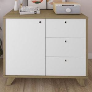 Balcao Aparador Escritorio 1 Porta 3 Gavetas 91 cm Olmo Branco Artany