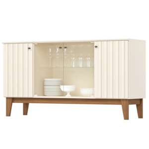 Balcao Buffet 4P Ripado e Vidro 150 cm Eiffel Off White Nature Henn Balcao Buffet 4P Ripado e Vidro 150 cm Eiffel Off White Nature Henn