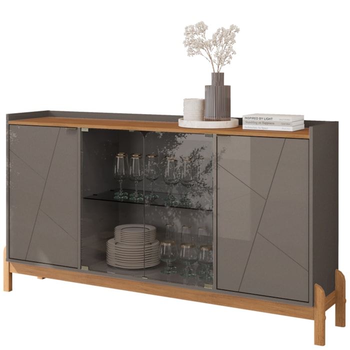 Balcao Buffet 50528 Porta De Vidro 168cm Cinza Perola Cedro DCASA