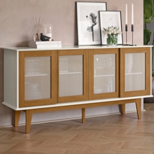 Balcao Buffet Detroit 4 Portas Correr 164 cm Off White Nature Tebar