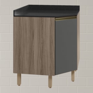 Balcao Canto Obliquo Tampo MDF Kali 12222 Carvalho Toq Chumbo Nicioli