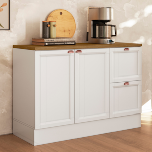 Balcao Com Tampo 120 cm 2 Portas 2 Gavetas Unna Branco Carvalho Oak POLIMAN